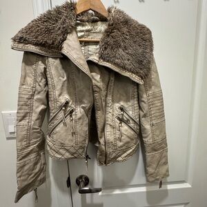Guess Beige Leather Jacket with Fur Collar